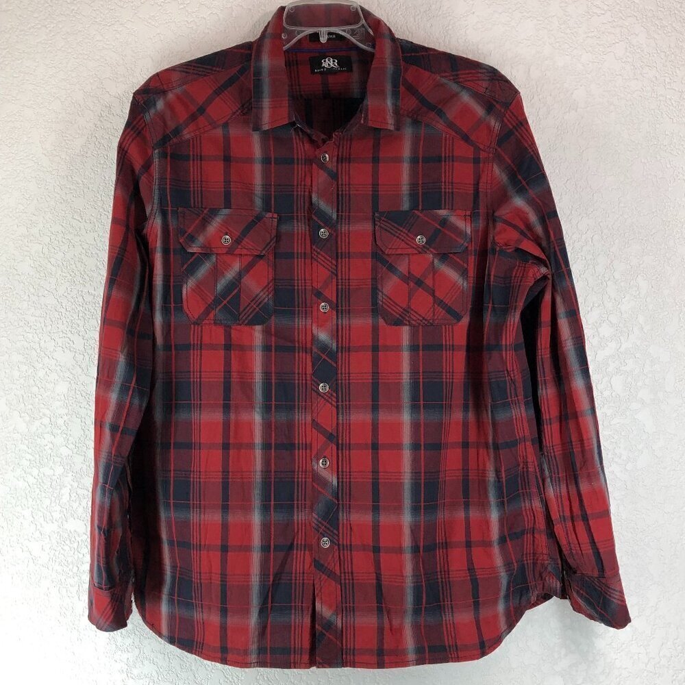 Rock & Republic Black And Red Plaid Shirt With Roll Tab Sleeves Size XXL